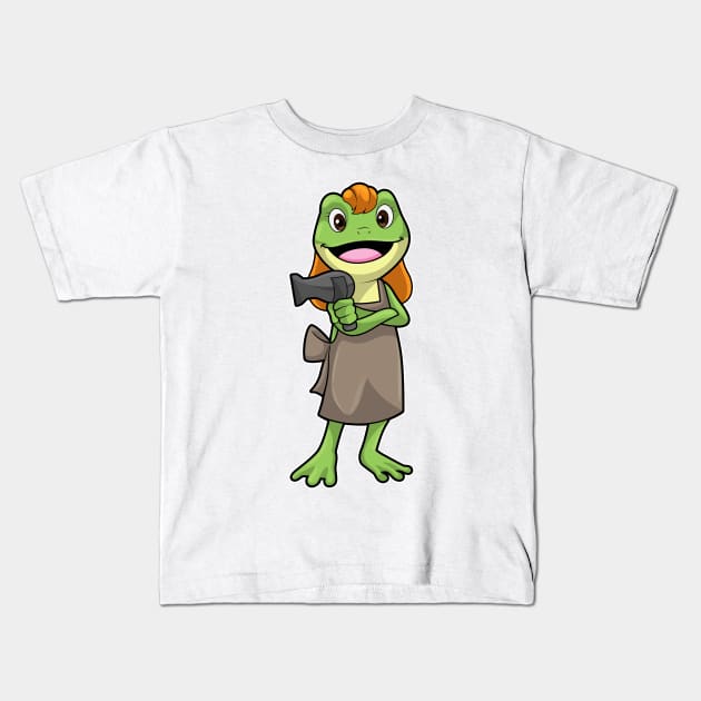 Frog as Hairdresser with Hairdryer Kids T-Shirt by Markus Schnabel